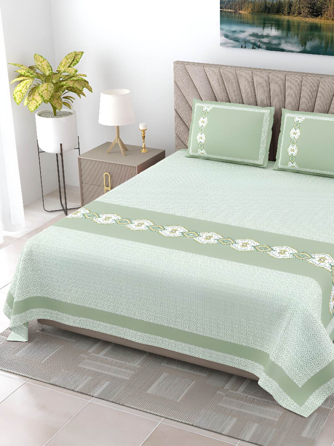 

BED-SHEET.COM Green & White Ethnic Motifs Cotton 240TC King Bedsheet With 2 Pillow Covers