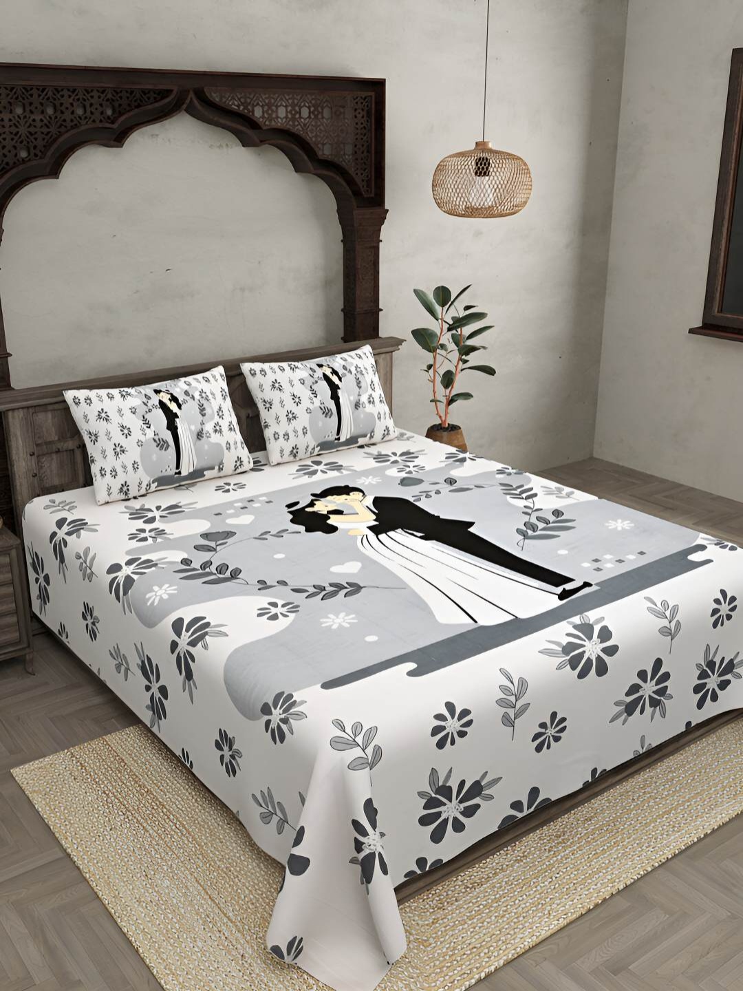 

BED-SHEET.COM Grey & White Printed Cotton 180 TC Double King Bedsheet With 2 Pillow Covers