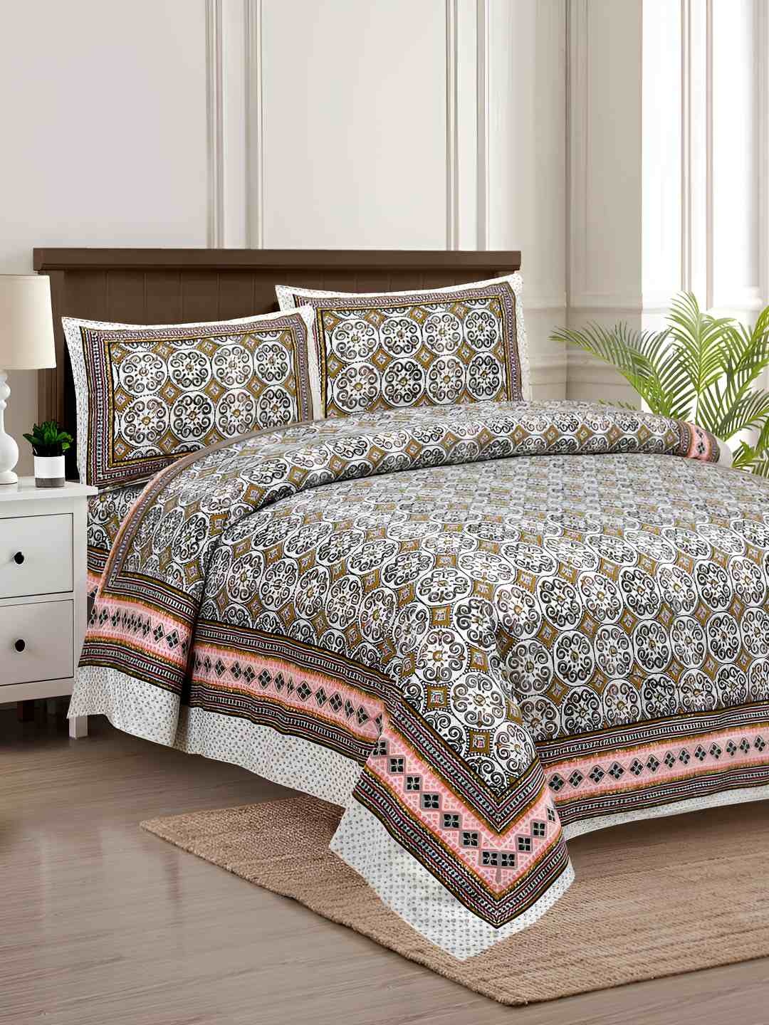 

BED-SHEET.COM Brown & Pink Ethnic Motifs King Bedsheet with 2 Pillow Covers