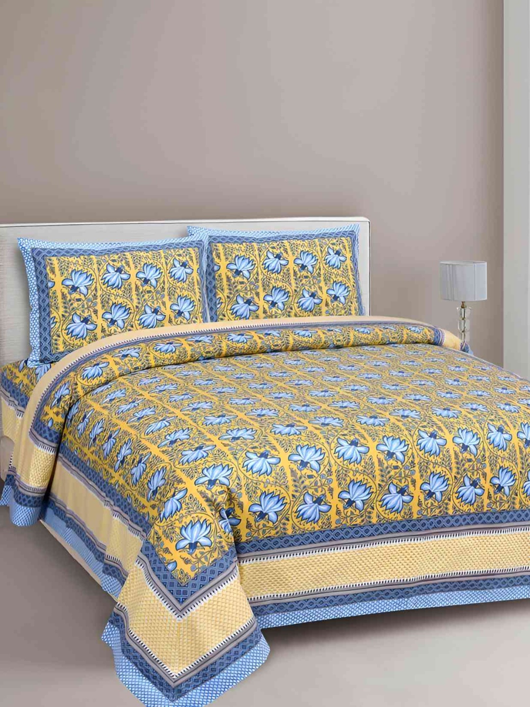 

BED-SHEET.COM Yellow & Blue Ethnic Motifs Cotton 180 TC King Bedsheet With 2 Pillow Covers