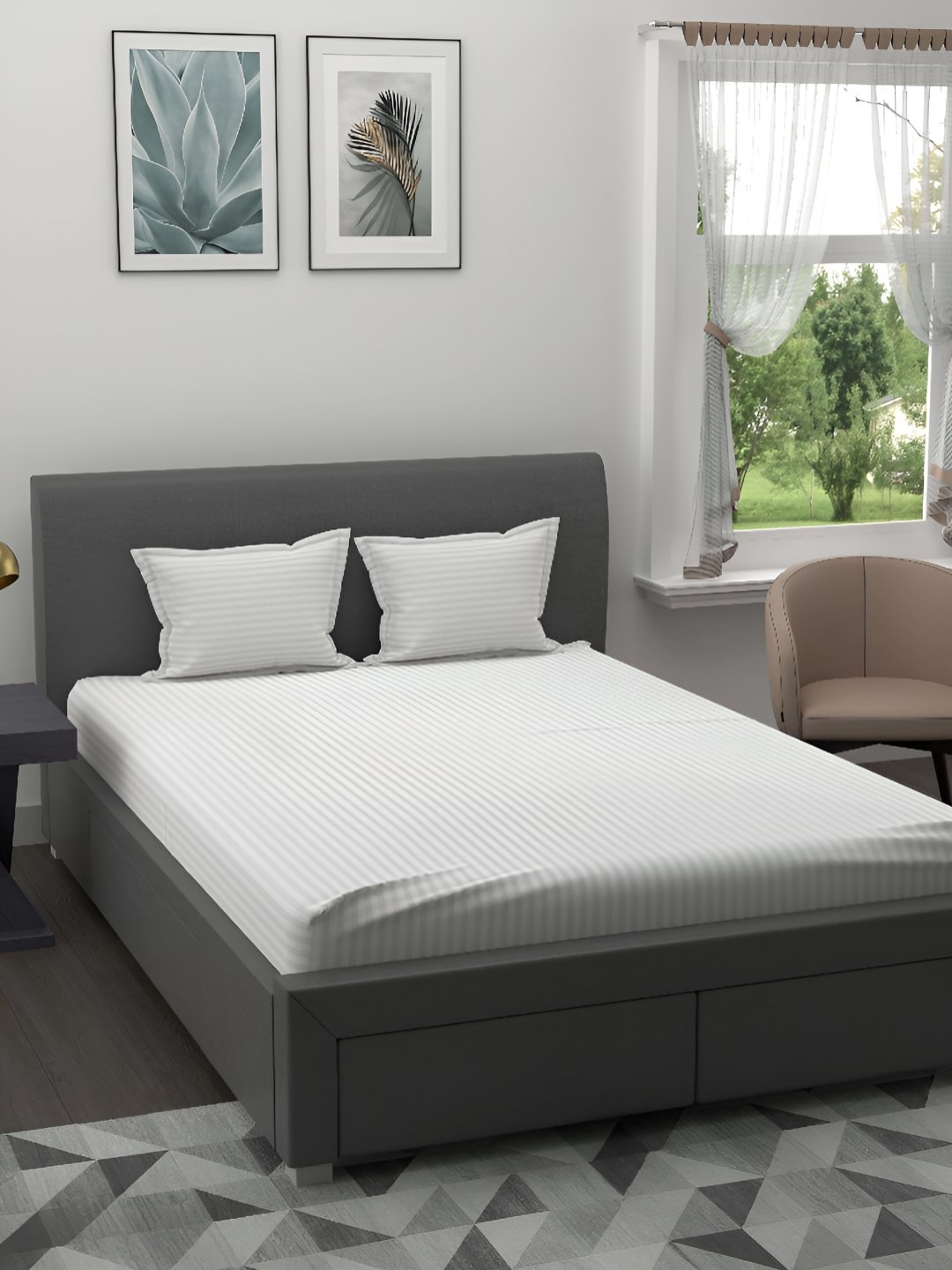 

BED-SHEET.COM White Striped Cotton 144 TC King Bedsheet With 2 Pillow Covers
