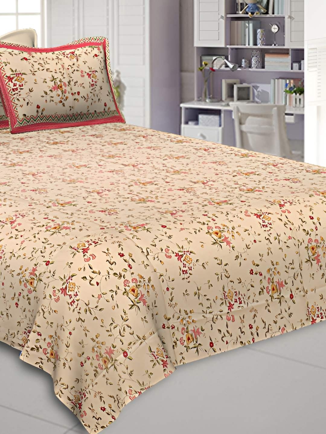 

BED-SHEET.COM Beige Floral Printed Cotton 240 Tc King Bedsheet with 2 Pillow Covers