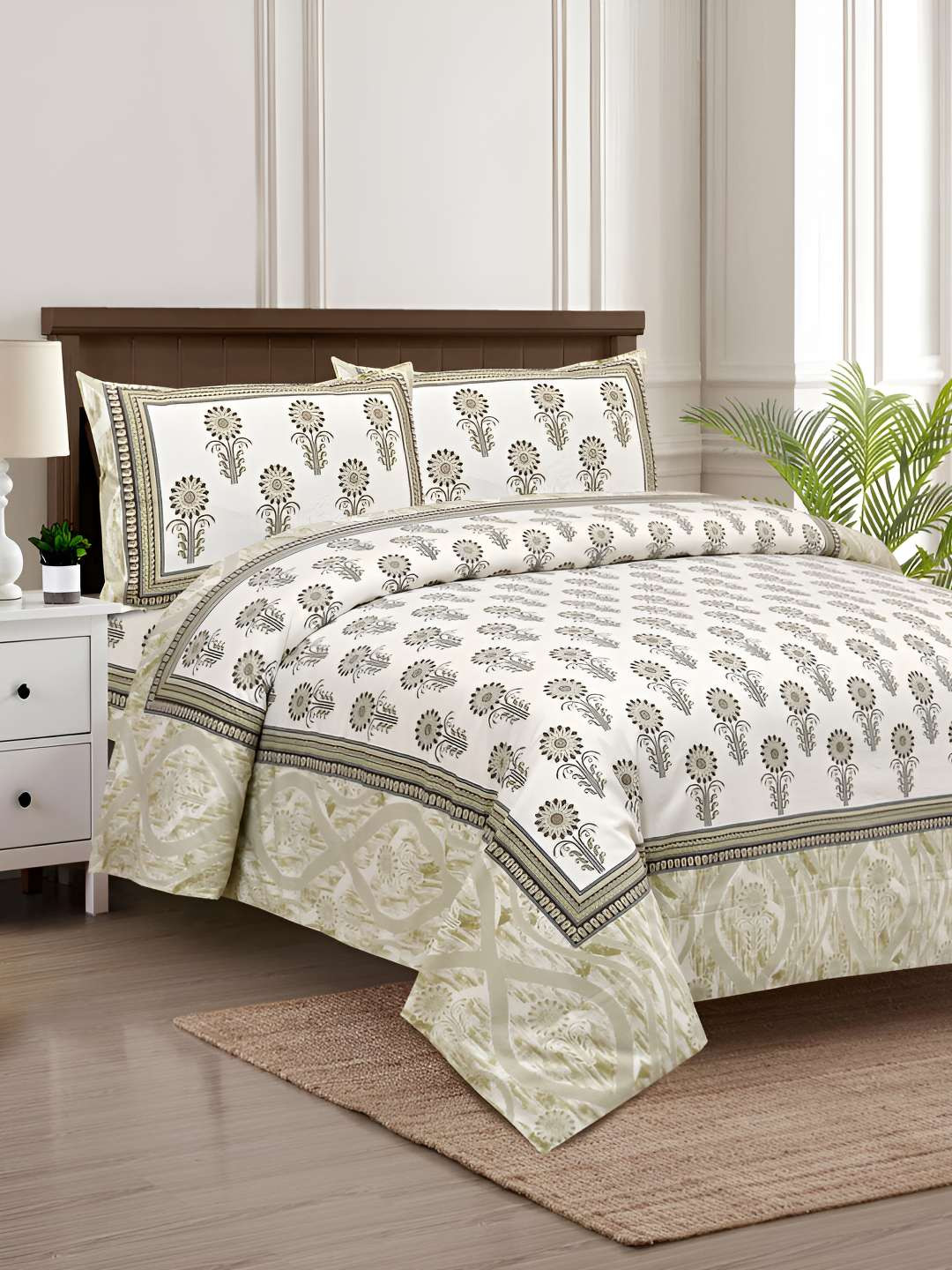 

BED-SHEET.COM Green Ethnic Motifs King Bedsheet with 2 Pillow Covers