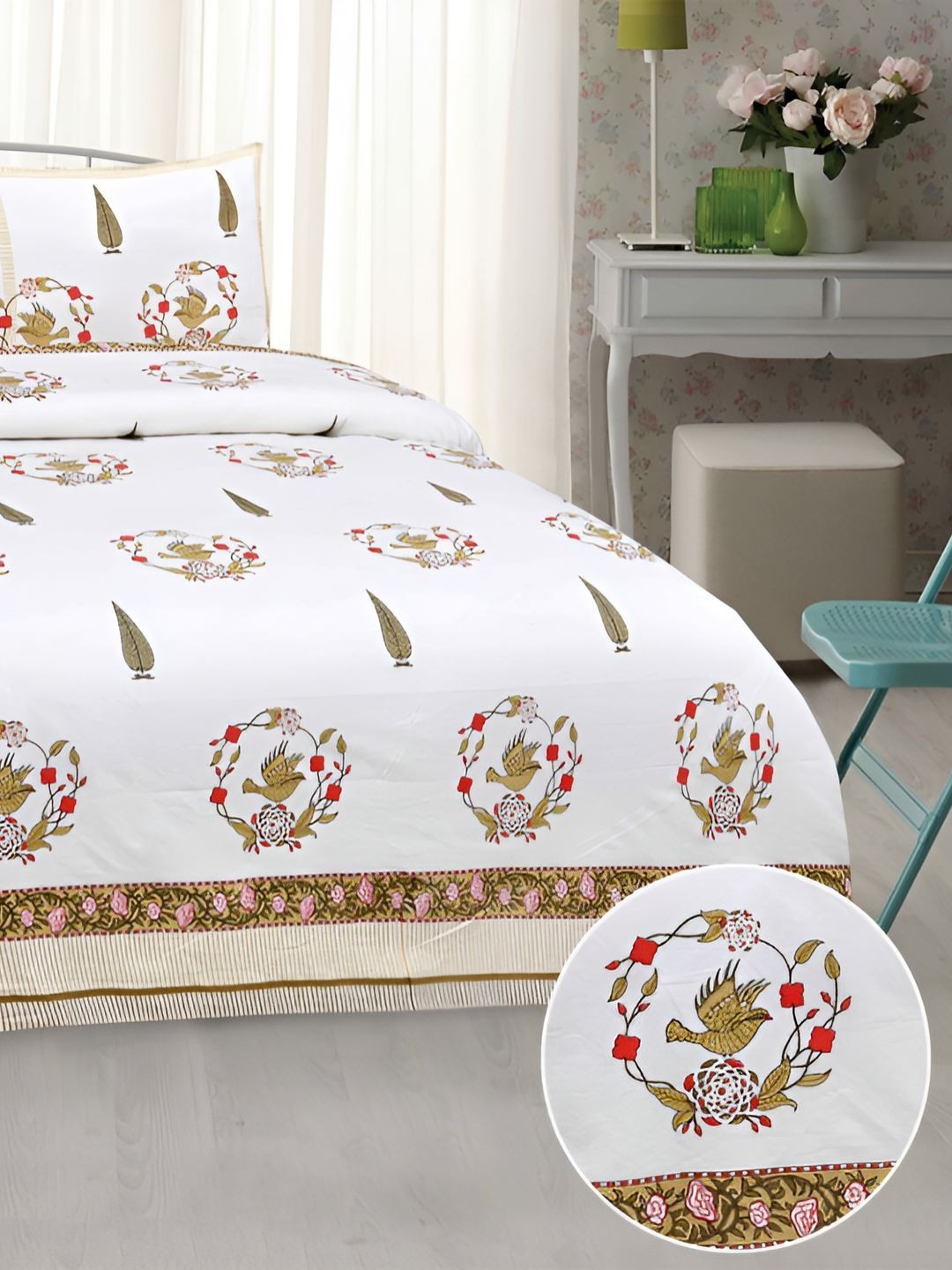 

BED-SHEET.COM White & Green Ethnic Motifs King Bedsheet with 2 Pillow Covers