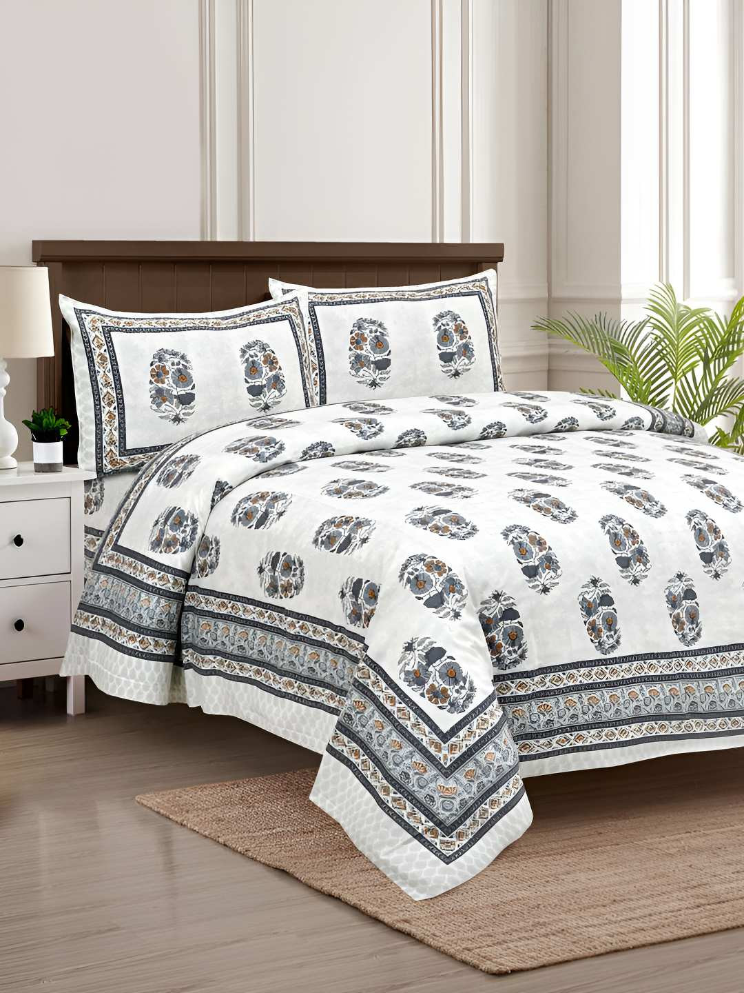 

BED-SHEET.COM Grey & White Ethnic Motifs King Bedsheet with 2 Pillow Covers
