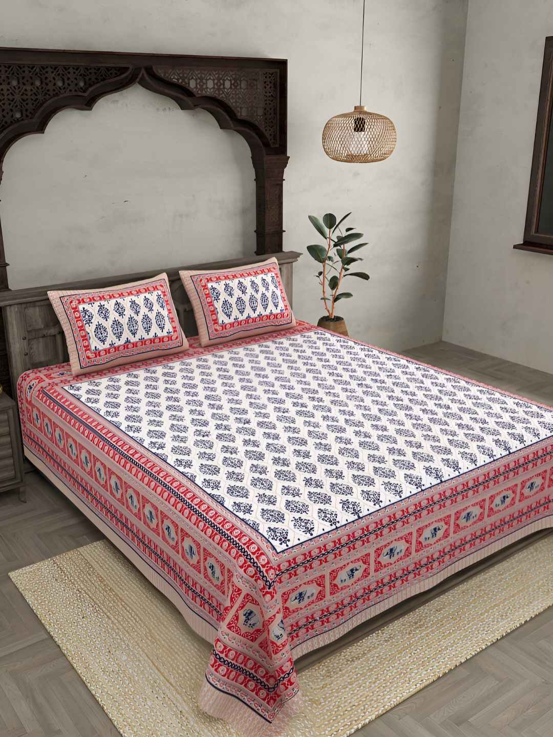 

BED-SHEET.COM Red Ethnic Motifs Cotton 180 TC King Bedsheet With 2 Pillow Covers