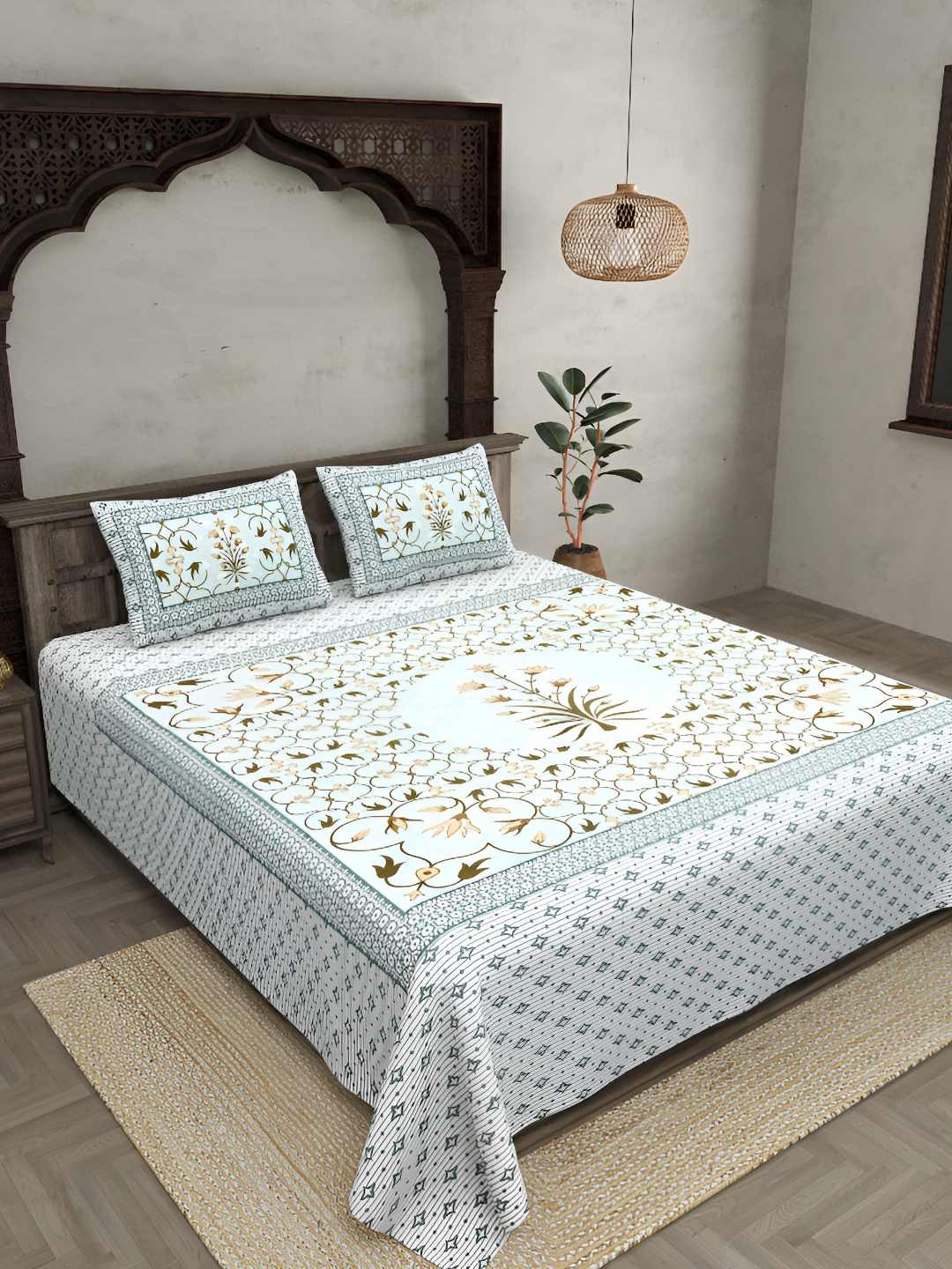 

BED-SHEET.COM Green & White Floral Cotton 180 TC King Bedsheet & 2 Pillow Covers