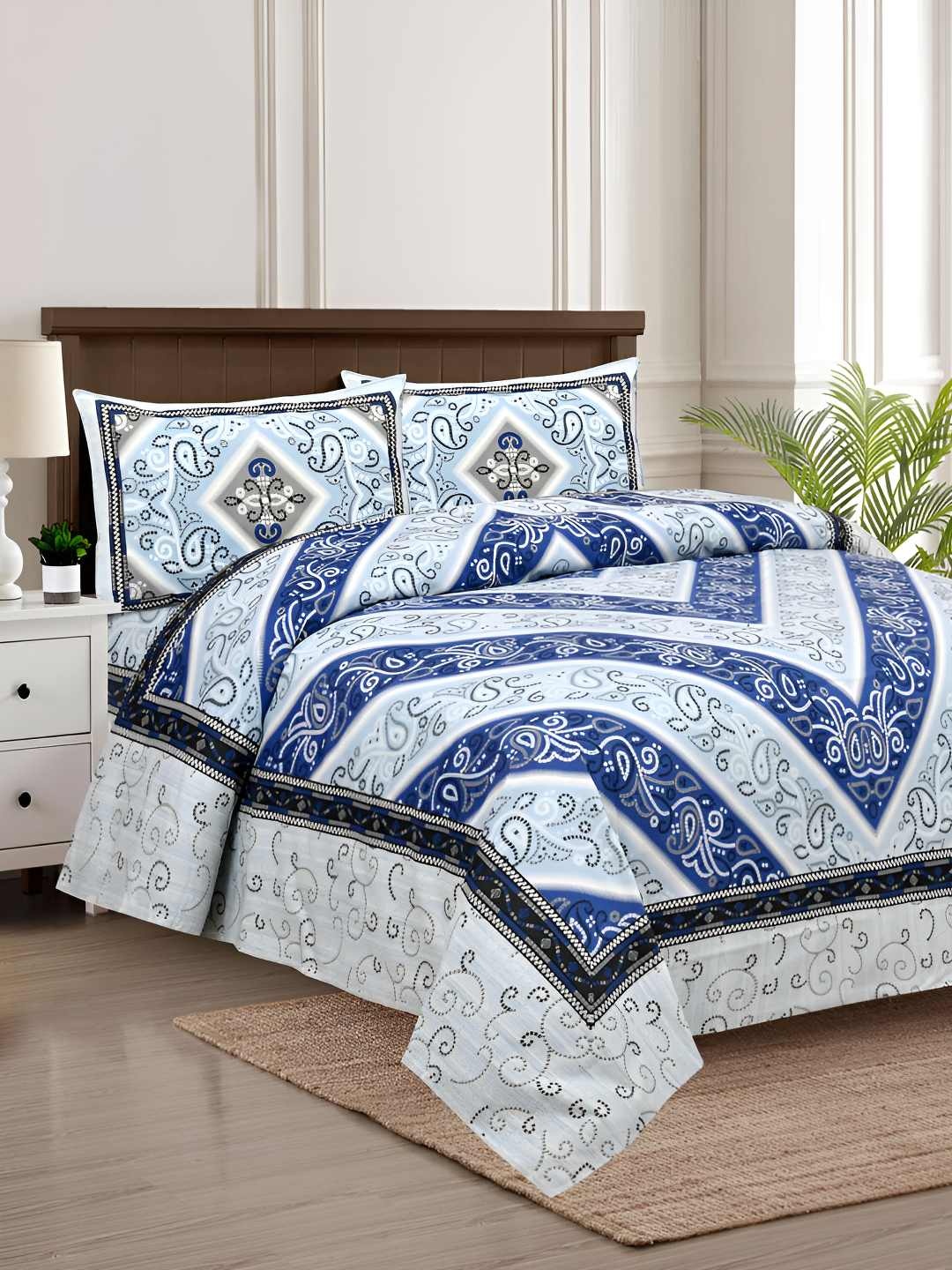 

BED-SHEET.COM Blue Ethnic Motifs King Bedsheet with 2 Pillow Covers