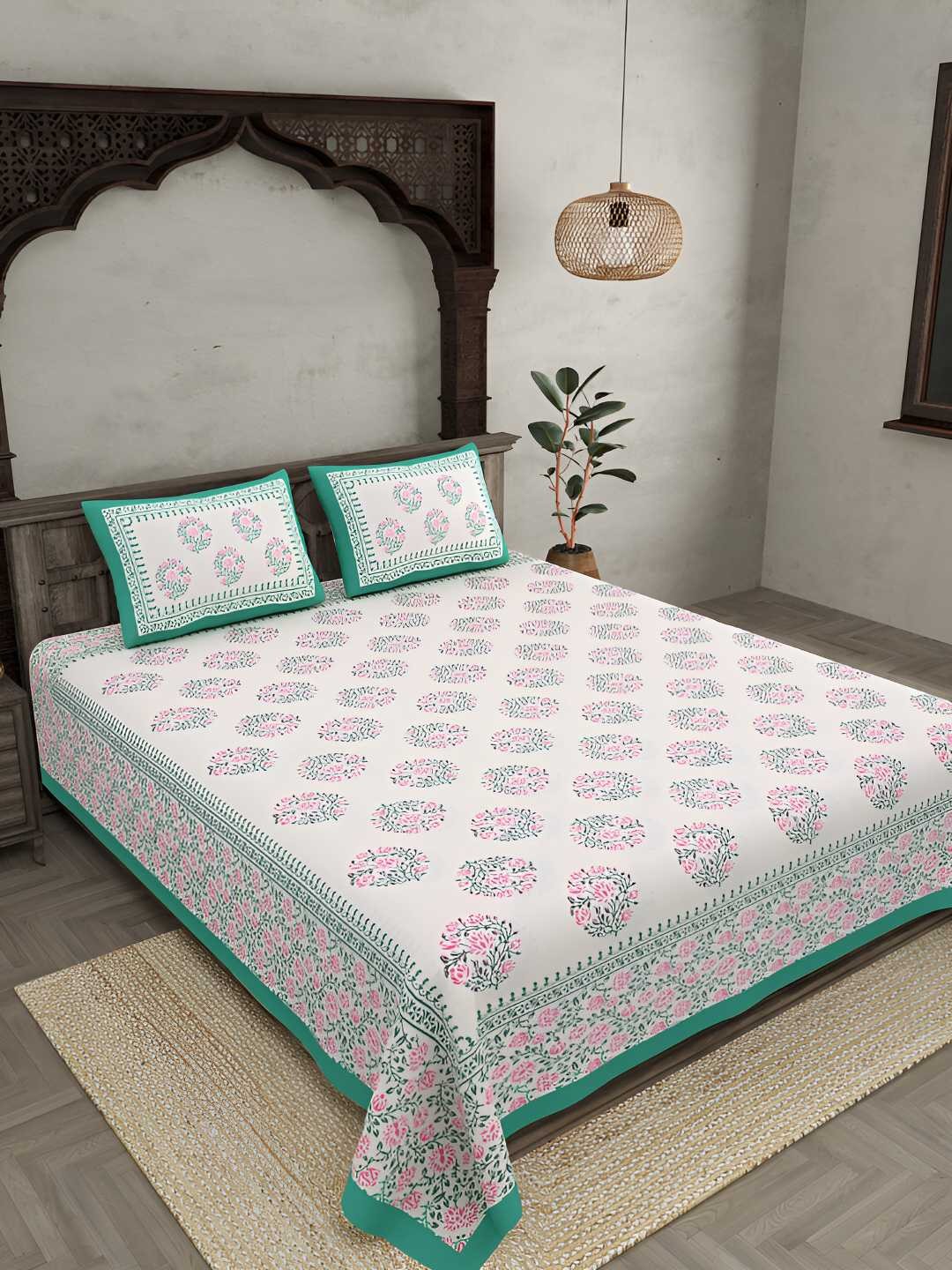 

BED-SHEET.COM White Ethnic Motifs Printed Cotton 180 TC King Bedsheet with 2 Pillow Covers, Green