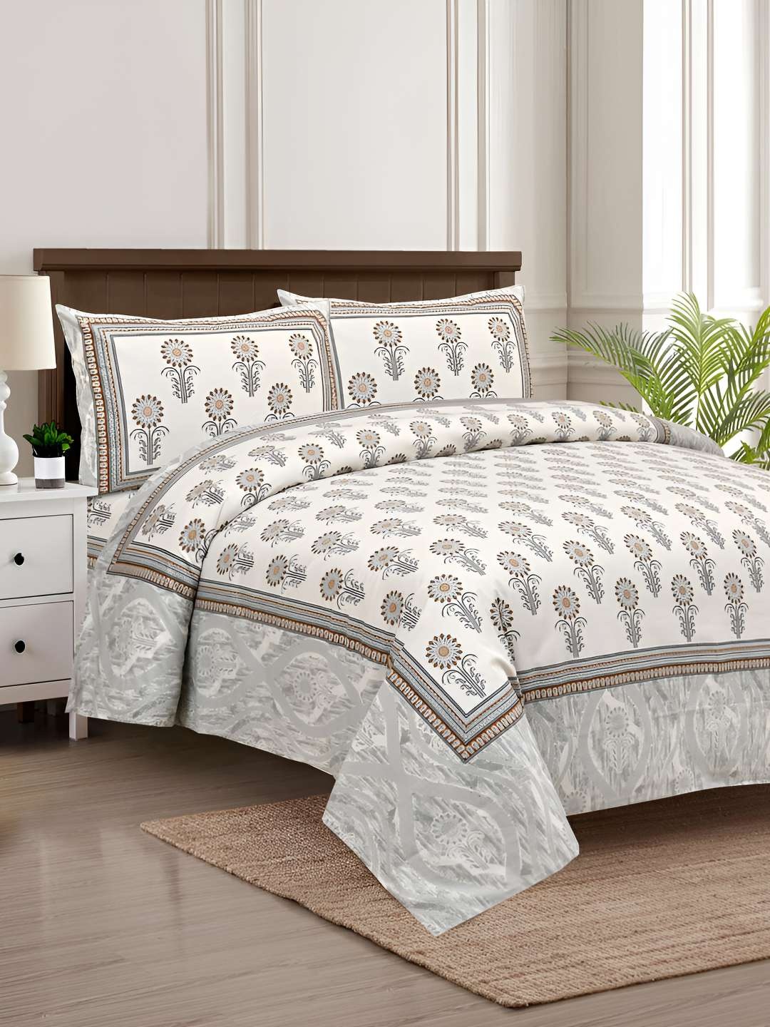 

BED-SHEET.COM Grey & White Ethnic Motifs Cotton 240 TC King Bedsheet With 2 Pillow Covers