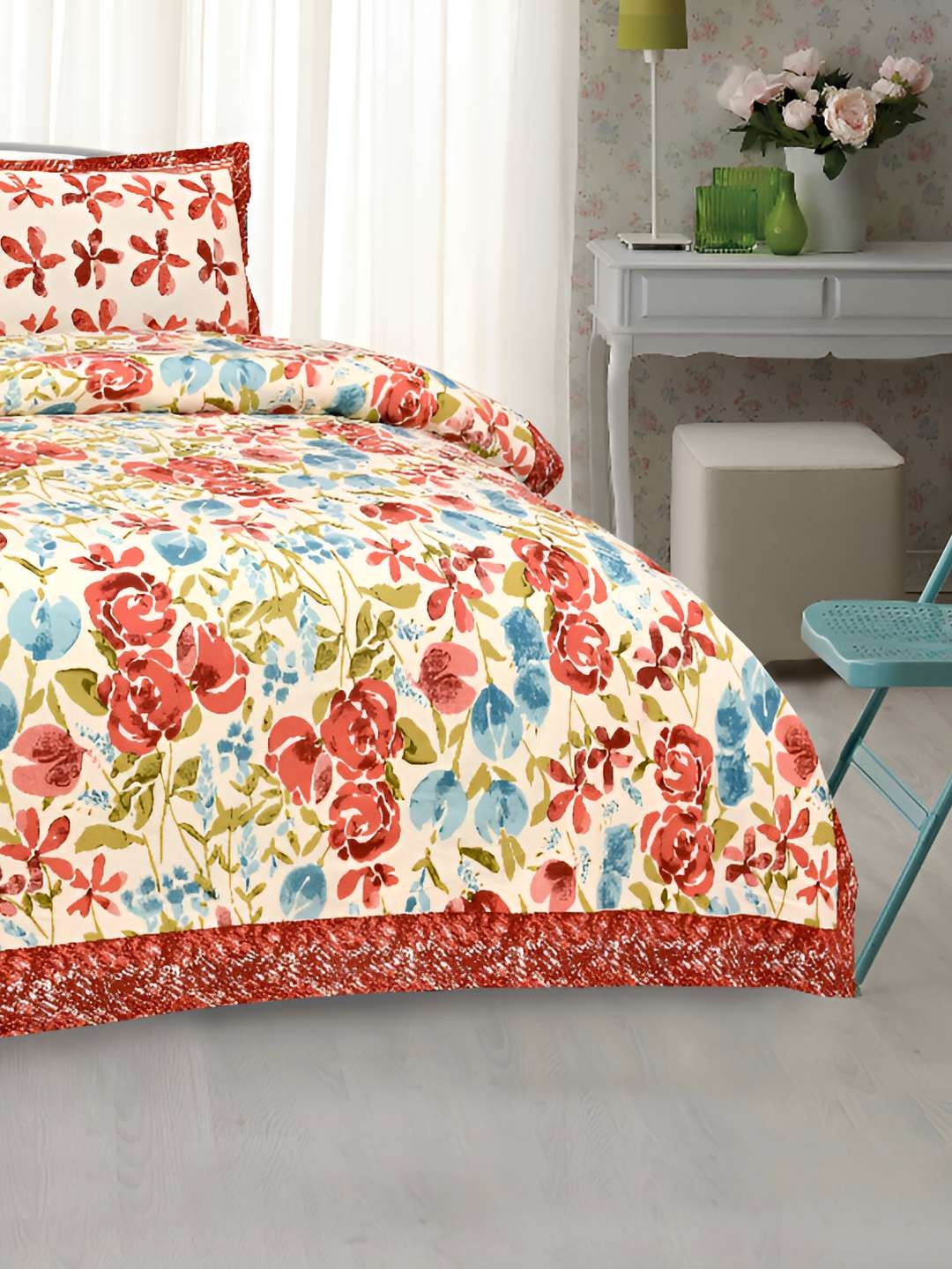 

BED-SHEET.COM Green & White Floral Cotton 240 TC King Bedsheet With 2 Pillow Covers