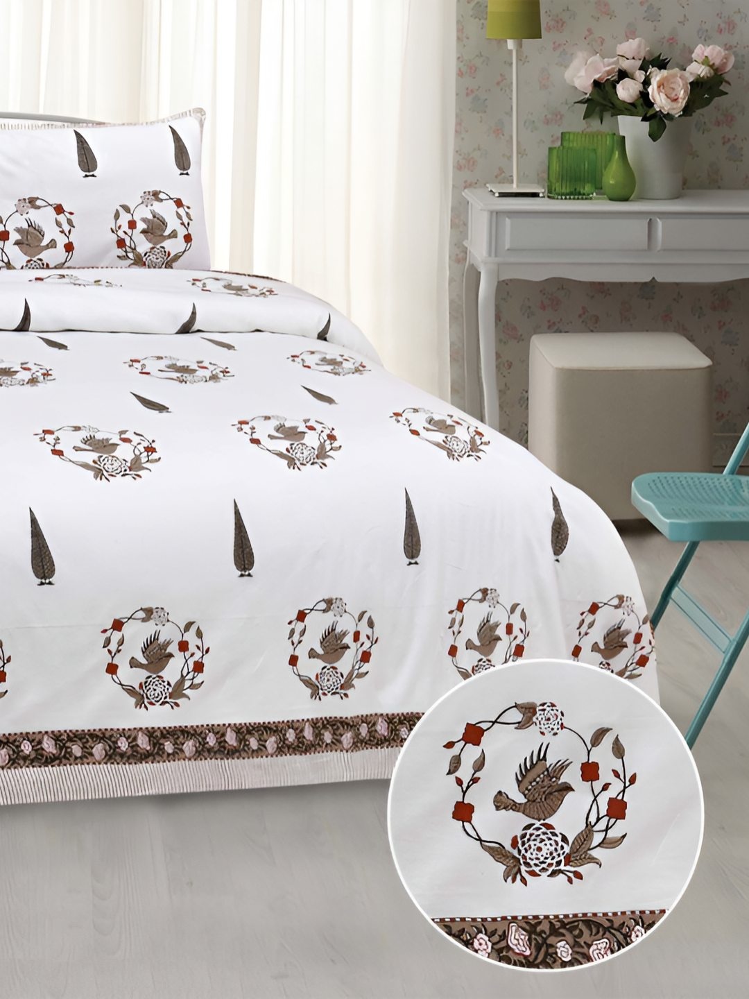 

BED-SHEET.COM Brown & White Ethnic Motifs King Bedsheet with 2 Pillow Covers