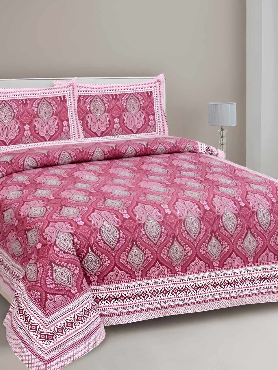 

BED-SHEET.COM Pink & White Ethnic Motifs 180 TC King Bedsheet with 2 Pillow Covers