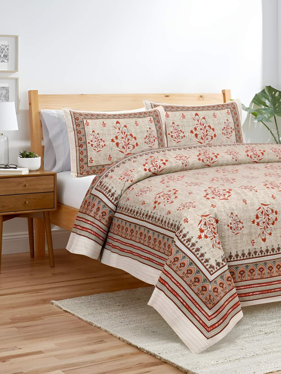 

BED-SHEET.COM Cream-Coloured & Red Ethnic Motifs King Bedsheet with 2 Pillow Covers