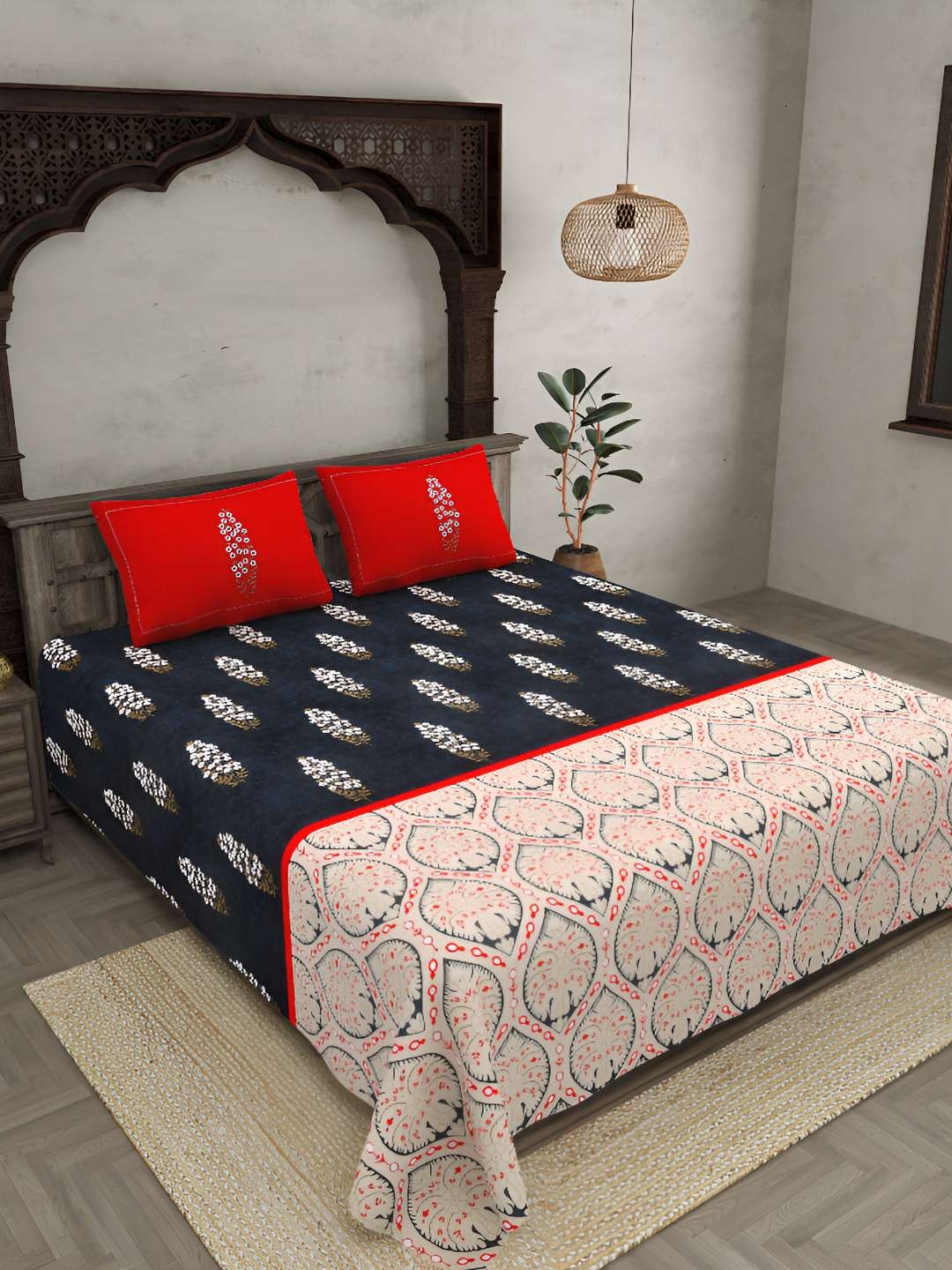 

BED-SHEET.COM Beige & Orange Ethnic Motifs Cotton 300 TC King Bedsheet & 2 Pillow Covers