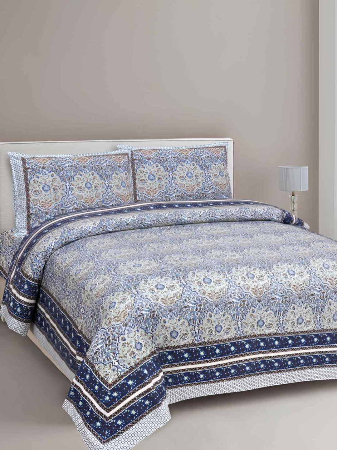 

BED-SHEET.COM Blue Ethnic Motifs Printed Cotton 180 TC King Bedsheet with 2 Pillow Covers