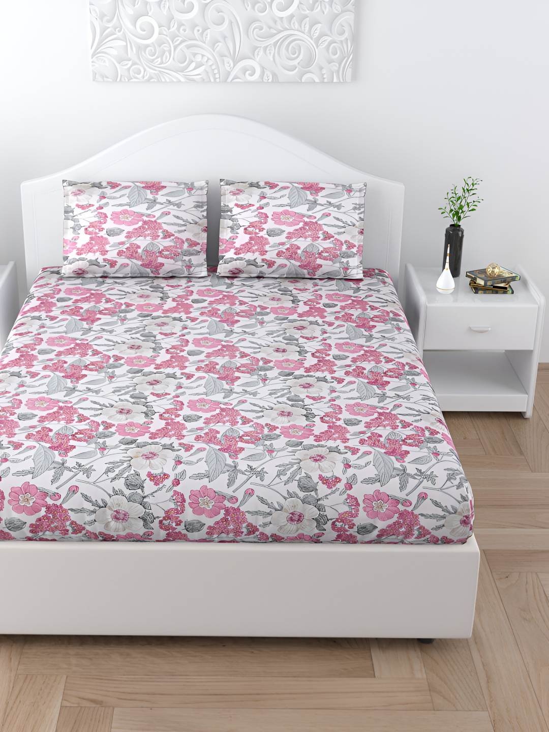 

BED-SHEET.COM Pink Ethnic Motifs Cotton 144 TC King Bedsheet With 2 Pillow Covers