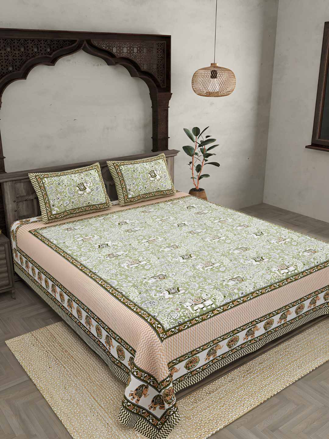 

BED-SHEET.COM Green Ethnic Motifs Printed Cotton 180 TC King Bedsheet with 2 Pillow Covers