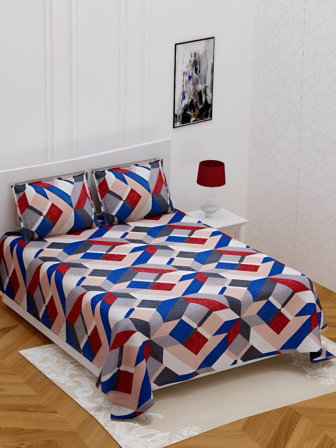 

BED-SHEET.COM Blue & Red Geometric Cotton 144 TC King Bedsheet With 2 Pillow Covers