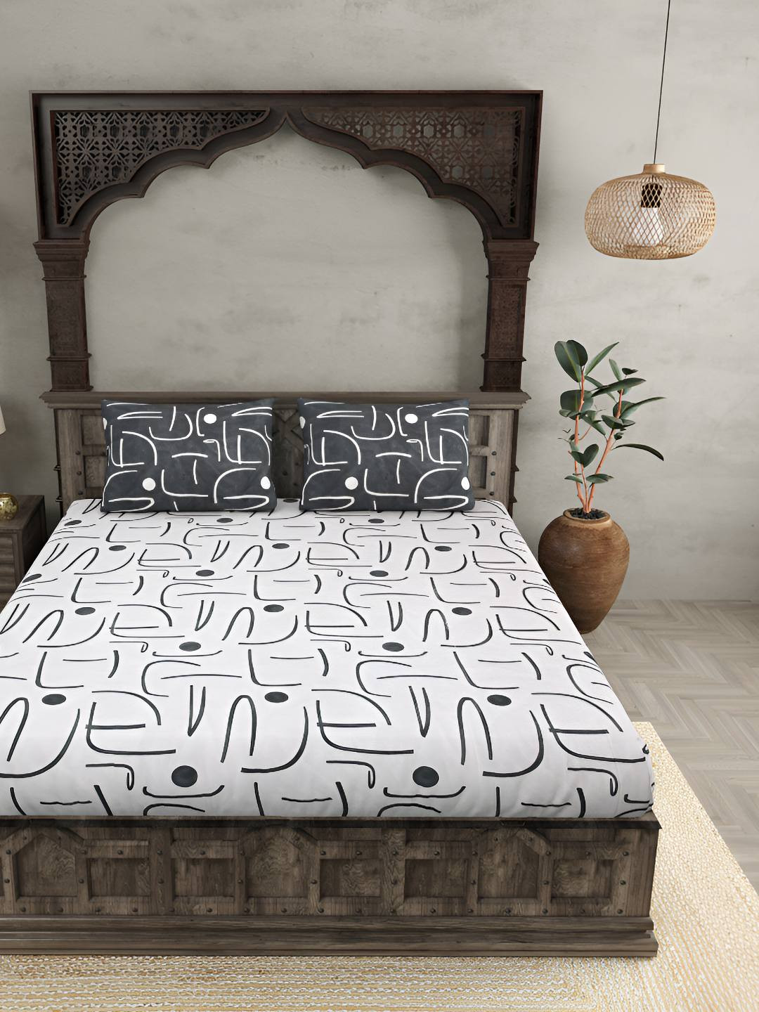 

BED-SHEET.COM Grey & White Printed Cotton 180 TC King Bedsheet With 2 Pillow Covers
