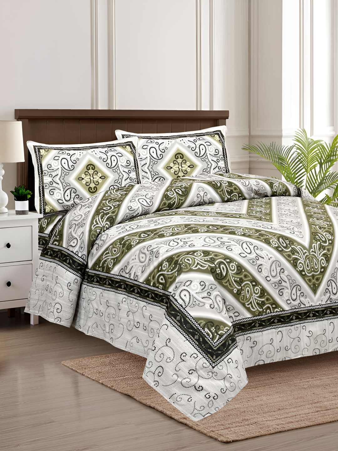 

BED-SHEET.COM Green & White Ethnic Motifs Cotton 240TC King Bedsheet With 2 Pillow Covers