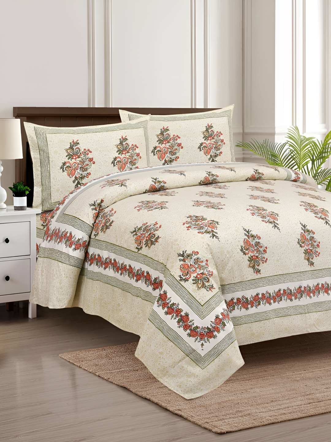 

BED-SHEET.COM Cream-Coloured Ethnic Motifs King Bedsheet with 2 Pillow Covers