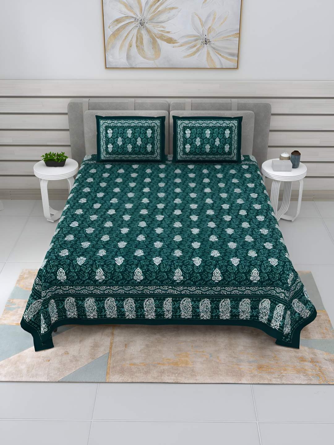 

BED-SHEET.COM Green & White Ethnic Motifs Cotton 240TC King Bedsheet With 2 Pillow Covers