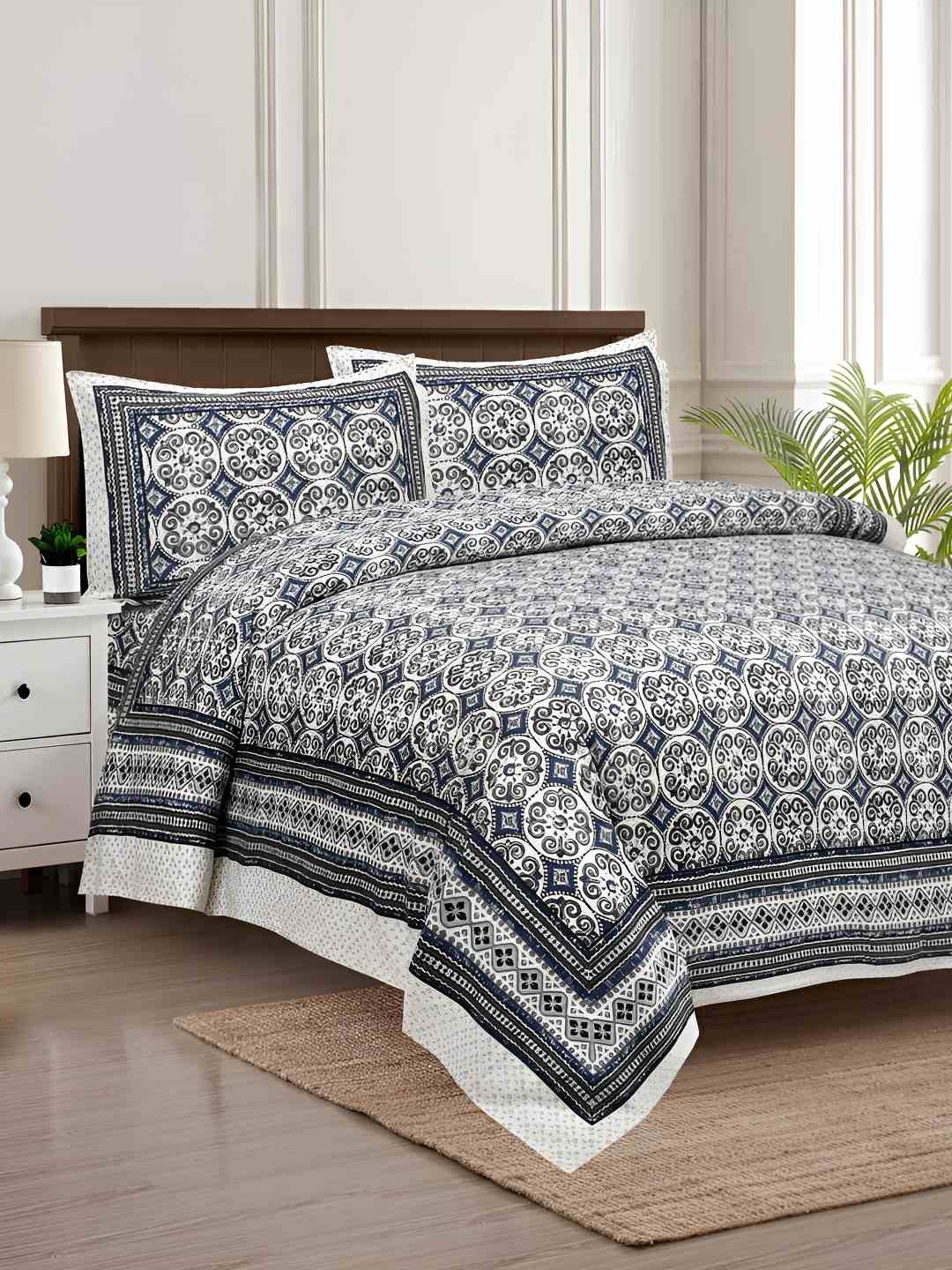 

BED-SHEET.COM Blue Ethnic Motifs Printed Cotton 240 TC King Bedsheet with 2 Pillow Covers