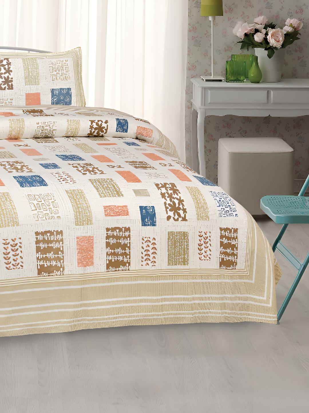 

BED-SHEET.COM Brown & Blue Ethnic Motifs King Bedsheet with 2 Pillow Covers