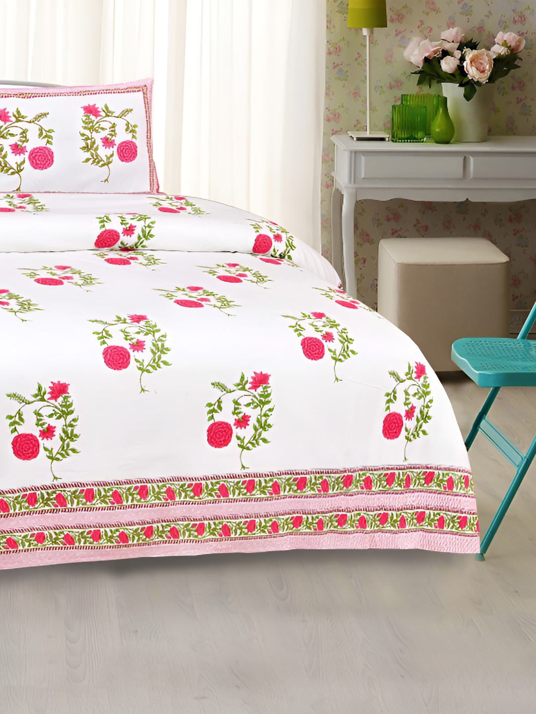 

BED-SHEET.COM Pink & White Floral 300 TC King Bedsheet with 2 Pillow Covers