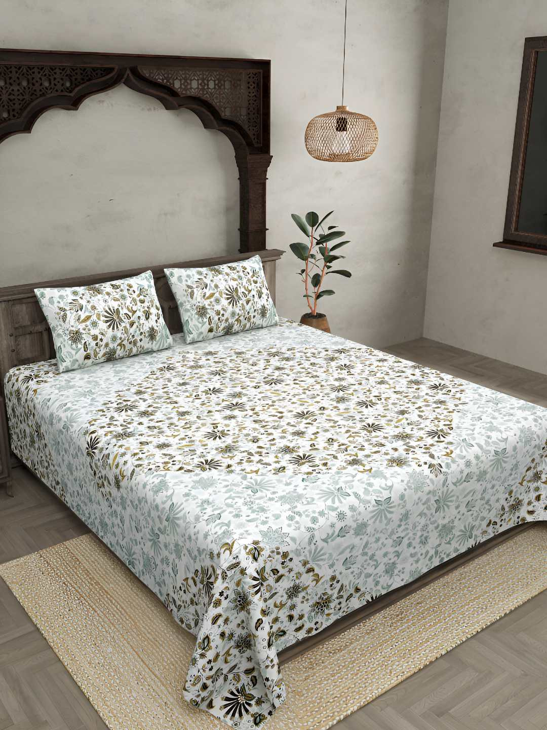 

BED-SHEET.COM White & Green Ethnic Motifs Cotton 180 TC King Bedsheet With 2 Pillow Covers