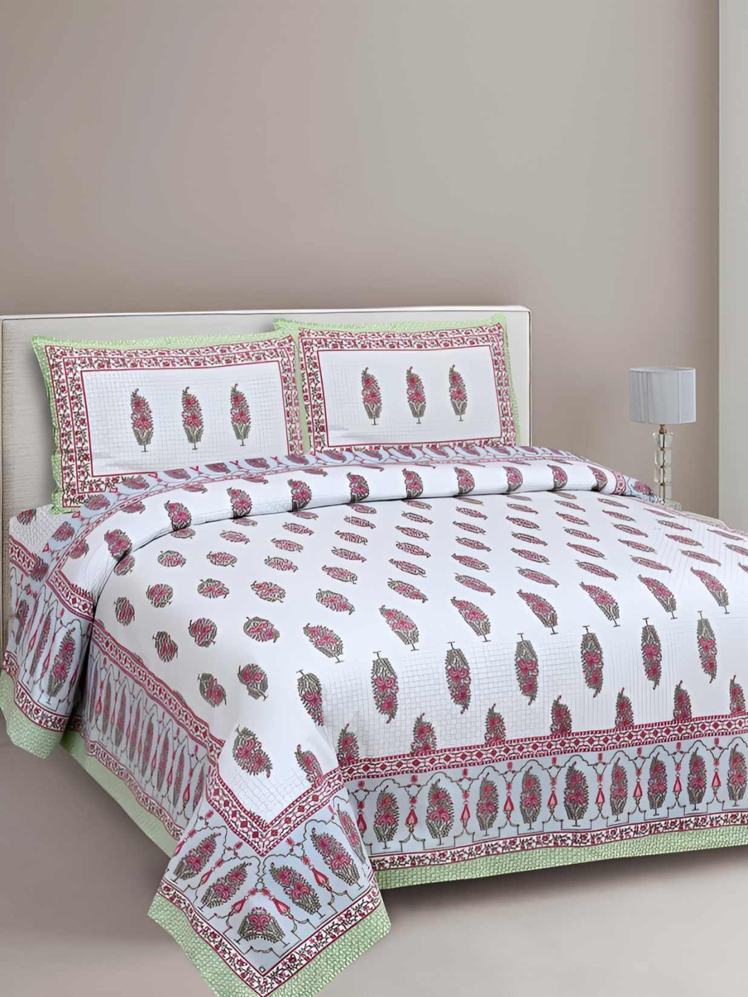 

BED-SHEET.COM Pink & White Ethnic Motifs Cotton 180 TC King Bedsheet With 2 Pillow Covers