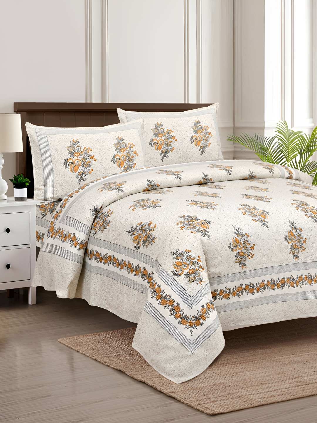 

BED-SHEET.COM Off White & Orange Floral Cotton 240 TC King Bedsheet With 2 Pillow Covers