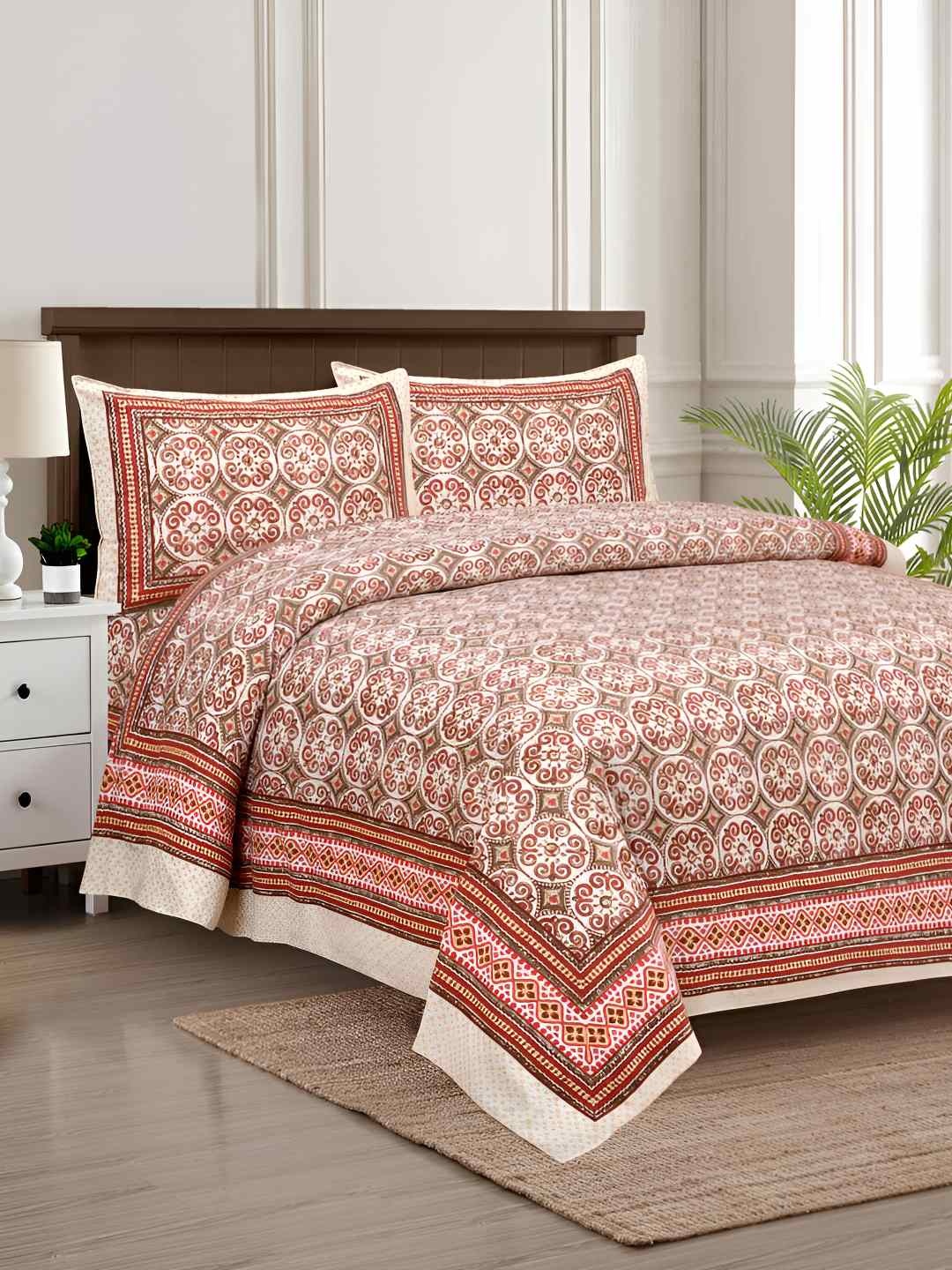 

BED-SHEET.COM Red & White Ethnic Motifs King Bedsheet with 2 Pillow Covers