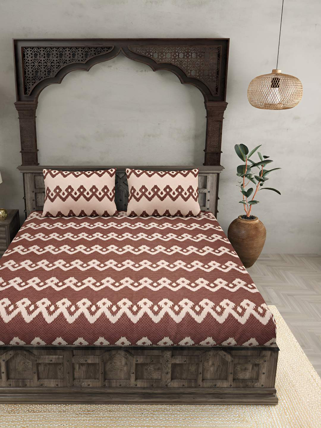

BED-SHEET.COM Brown & Cream Ethnic Motifs Cotton 180 TC King Bedsheet With 2 Pillow Covers