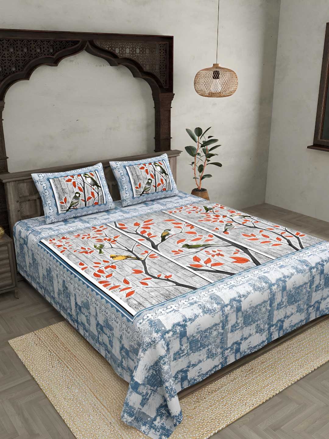 

BED-SHEET.COM Blue Ethnic Motifs Cotton 180 TC King Bedsheet With 2 Pillow Covers