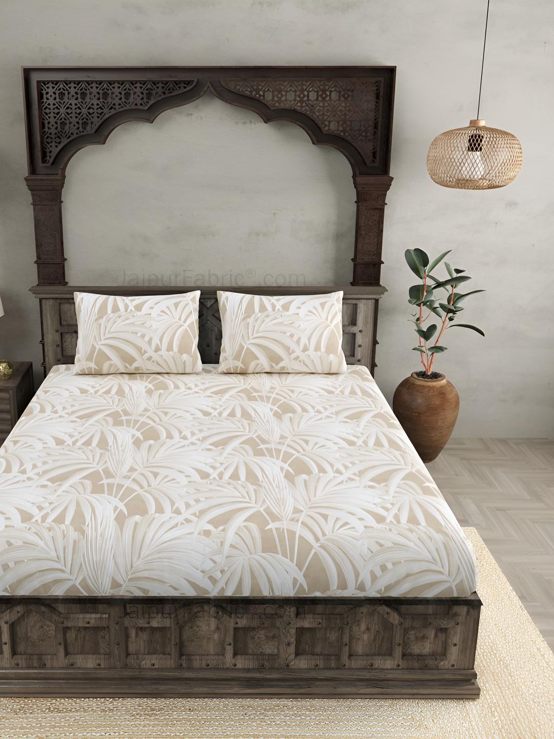 

BED-SHEET.COM Beige & White Ethnic Motifs Cotton 300 TC King Bedsheet With 2 Pillow Covers