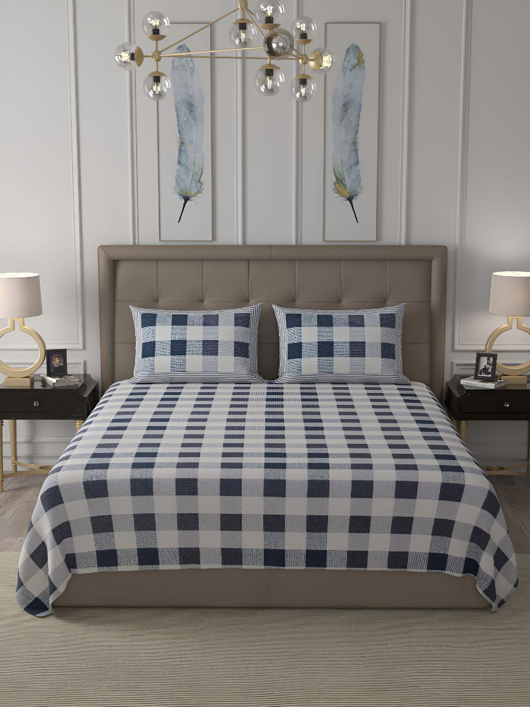 

BED-SHEET.COM Blue & White Printed Cotton 240 TC King Bedsheet With 2 Pillow Covers