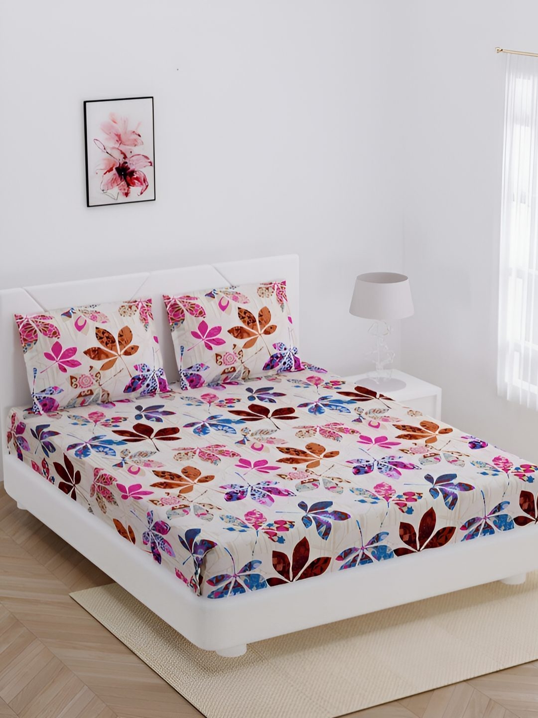 

BED-SHEET.COM White & Pink Printed Cotton 144 TC Double King Bedsheet With 2 Pillow Covers