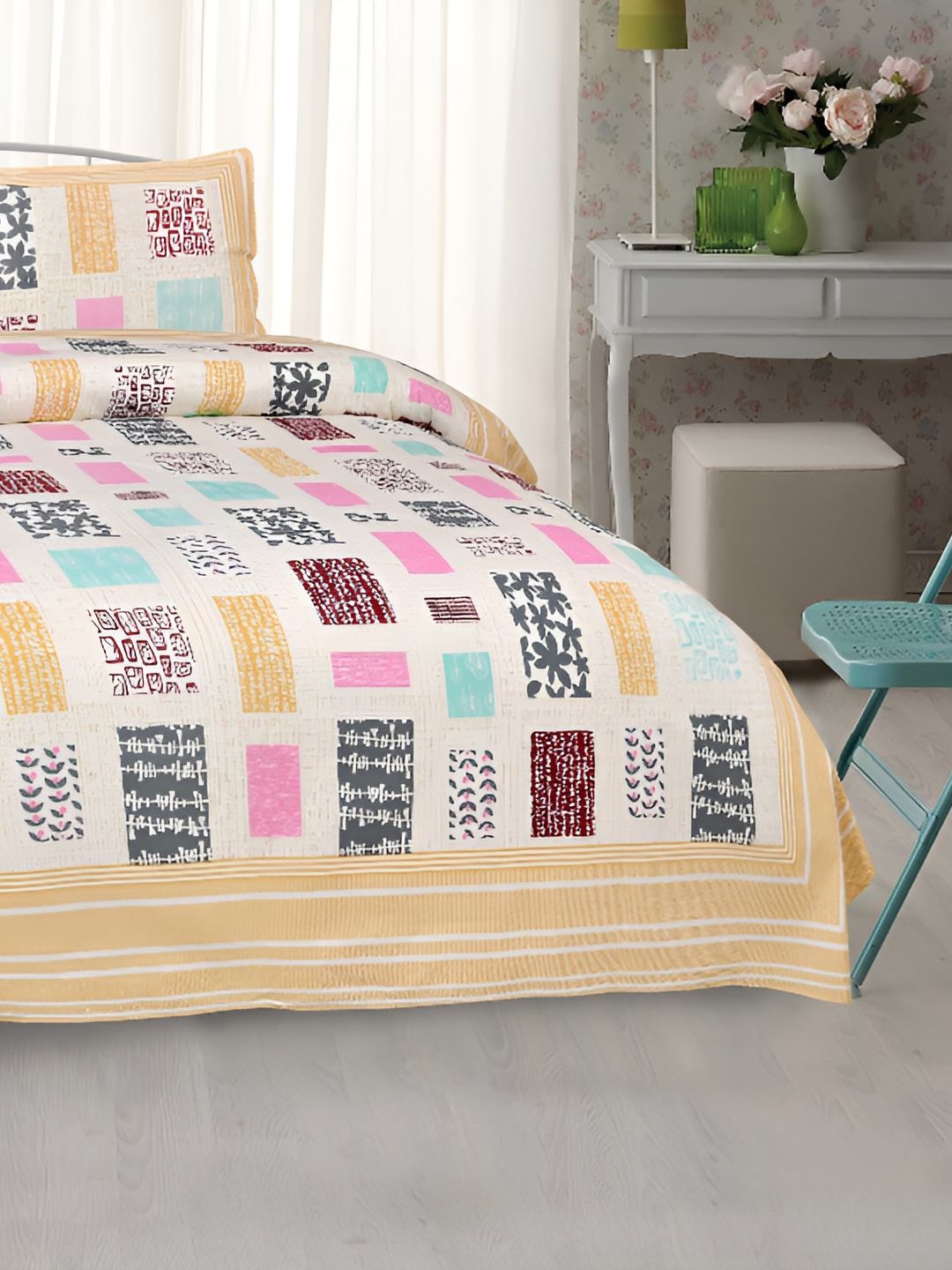 

BED-SHEET.COM White & Orange Ethnic Motifs King Bedsheet with 2 Pillow Covers