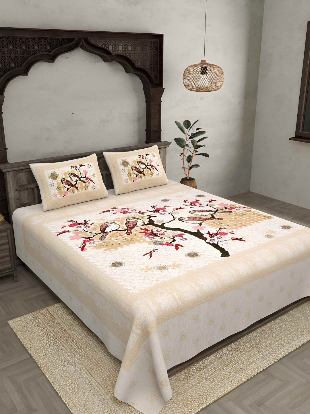 

BED-SHEET.COM Peach Ethnic Motifs Cotton 180 TC King Double Bedsheet With 2 Pillow Covers