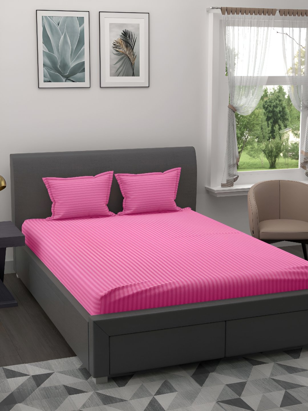 

BED-SHEET.COM Pink Striped Cotton 144 TC King Double Bedsheet With 2 Pillow Covers