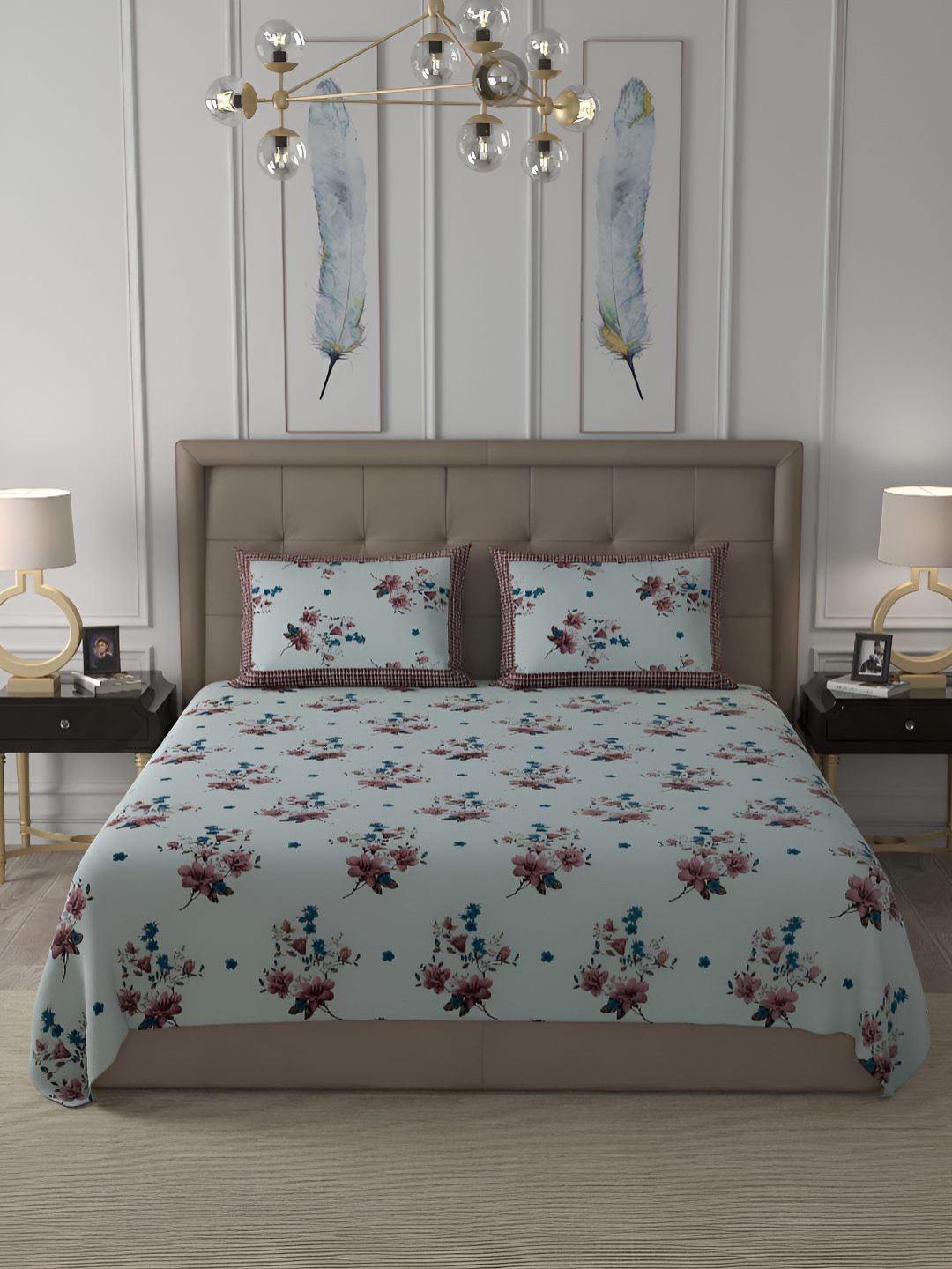 

BED-SHEET.COM White & Pink Floral Cotton 240 TC King Bedsheet With 2 Pillow Covers