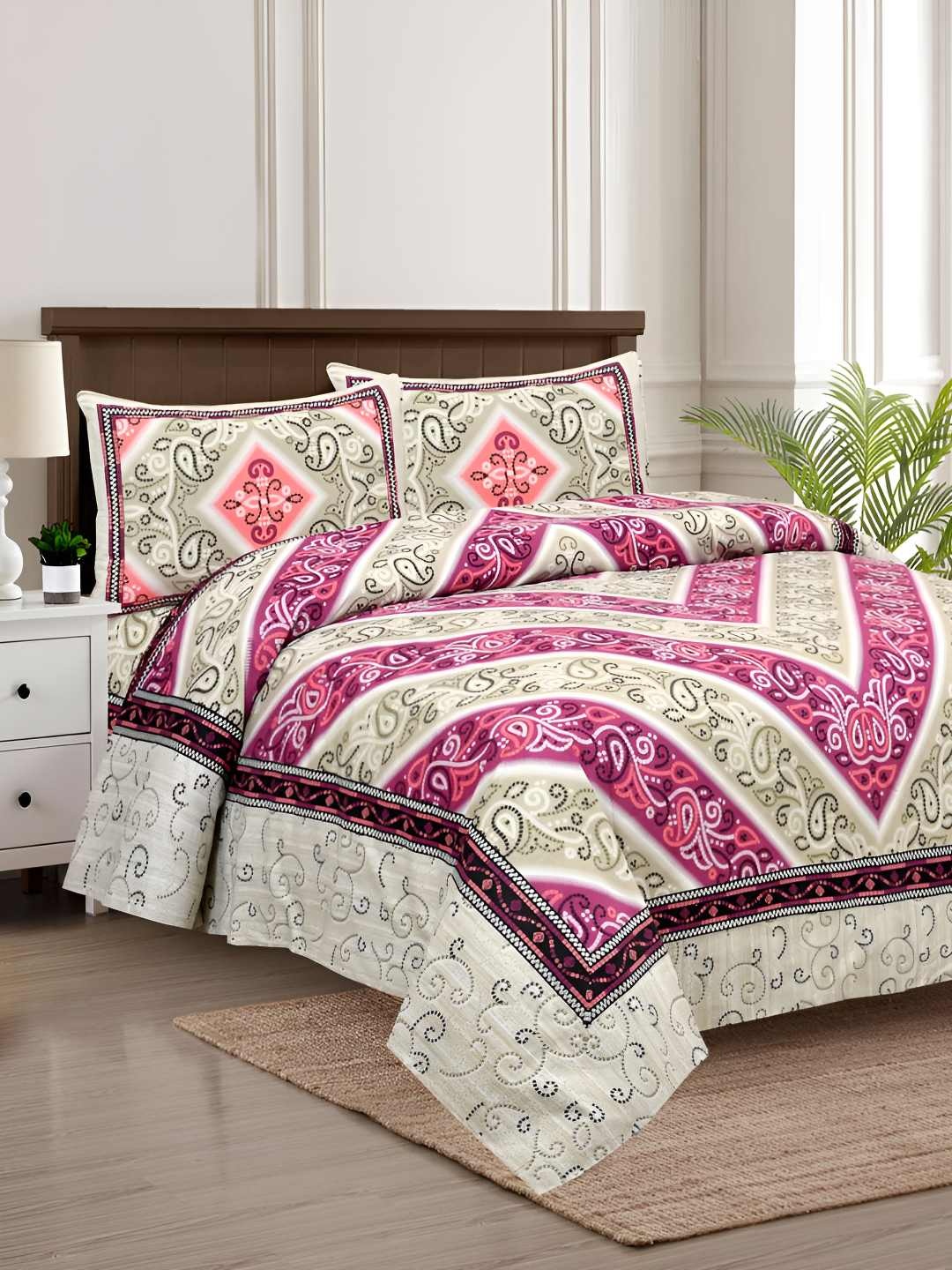 

BED-SHEET.COM Pink & White Ethnic Motifs King Bedsheet with 2 Pillow Covers