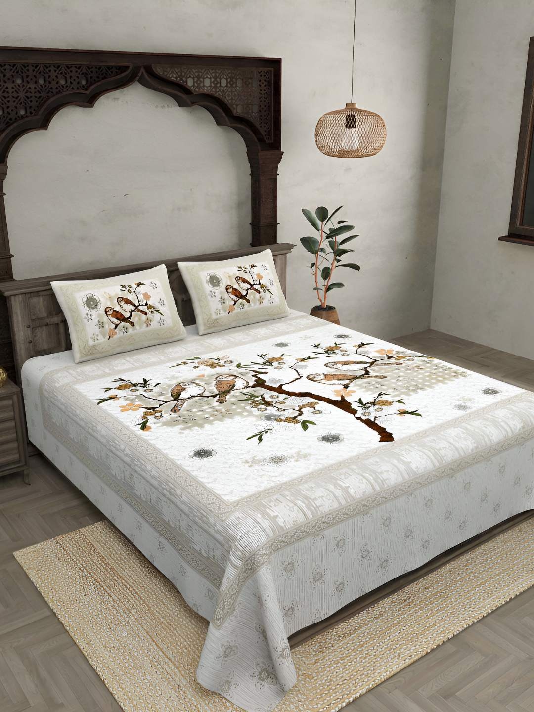 

BED-SHEET.COM Cream & White Ethnic Motifs Cotton 180 TC King Bedsheet With 2 Pillow Covers