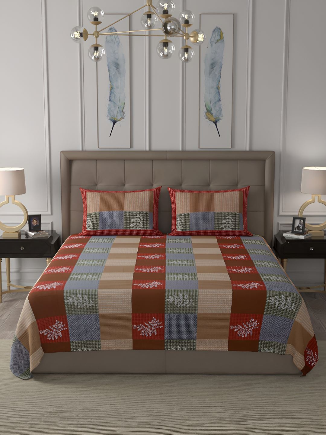 

BED-SHEET.COM Beige & Red Printed Cotton 240 TC Double King Bedsheet With 2 Pillow Covers
