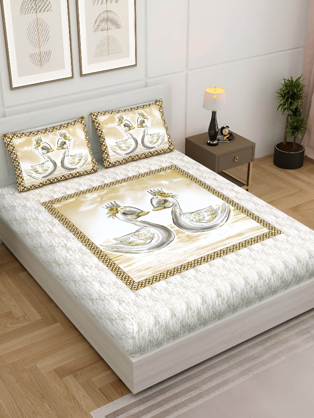 

BED-SHEET.COM Yellow Ethnic Motifs Cotton 240TC King Bedsheet With 2 Pillow Covers
