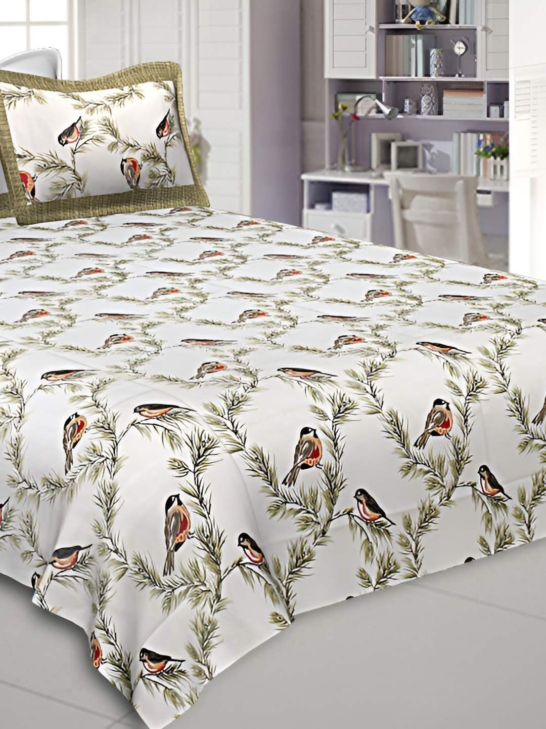 

BED-SHEET.COM White Floral Printed Cotton 240 TC King Bedsheet with 2 Pillow Covers