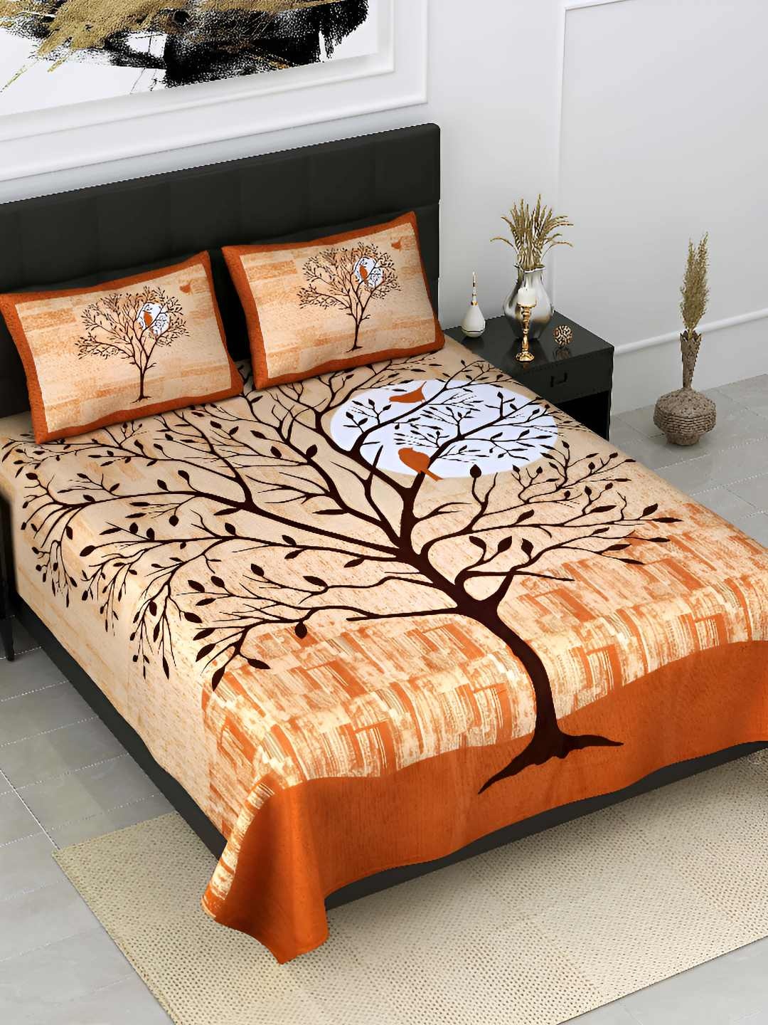 

BED-SHEET.COM Orange & White Floral Cotton 300 TC King Bedsheet & 2 Pillow Covers