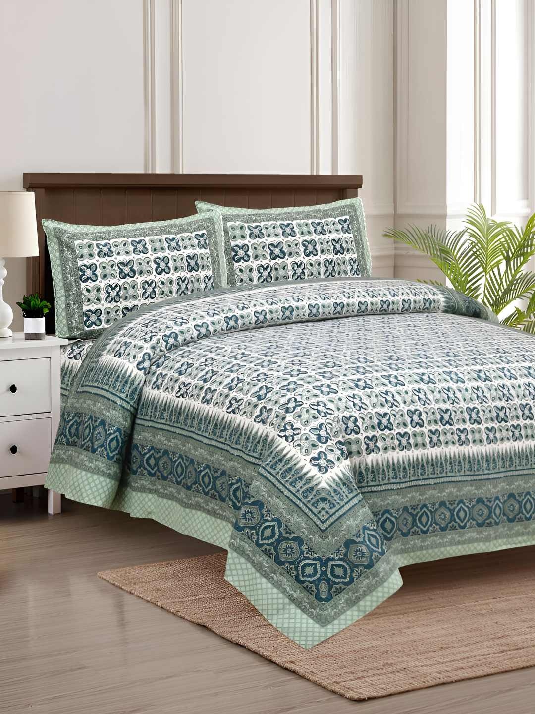 

BED-SHEET.COM Green Ethnic Motifs King Bedsheet with 2 Pillow Covers
